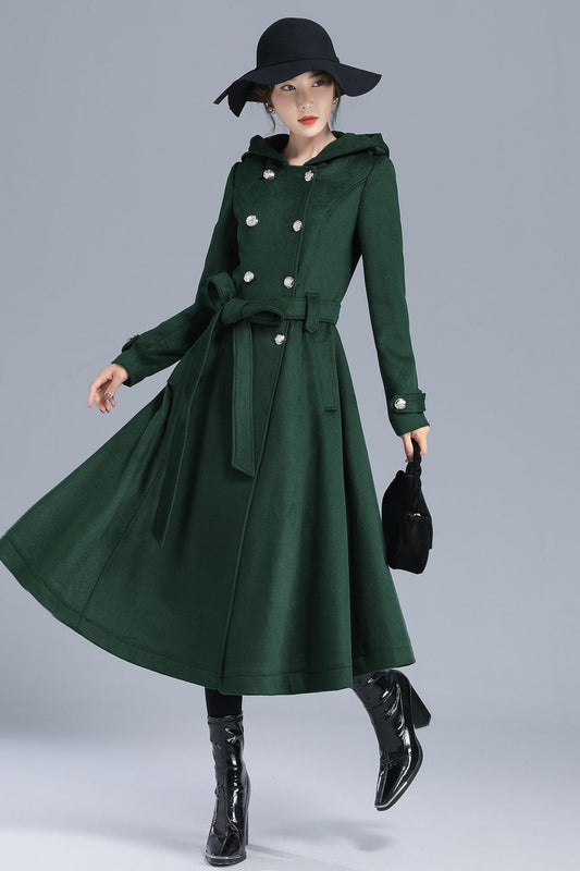 Green Long Wool Trench Coat with Hood 3212