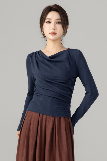 Navy Cotton Knit Long Sleeve Top – Slim Fit Drape Neck Shirt 5699