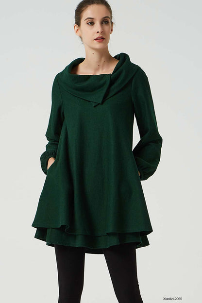 Artisan Wool Tunic Dress – Dark Green with Cowl Neck & Layered Hem – 2065