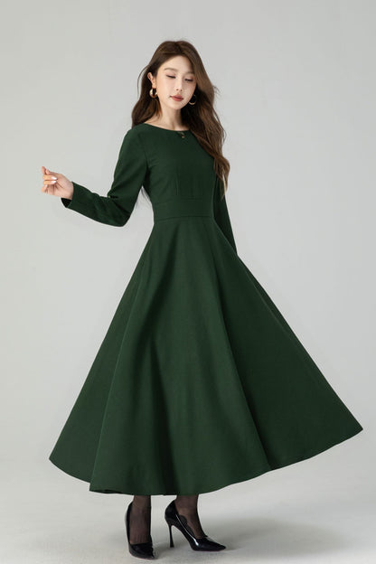 Dark Green Wool Dress – Handmade Fit & Flare Winter Maxi with Pockets | Xiaolizi 5231
