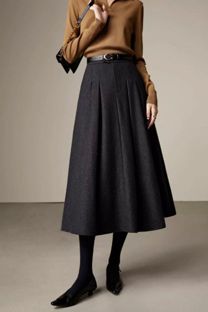 Handmade Wool Skirt – Classic Gray Winter Pleated Midi with Pockets 6357