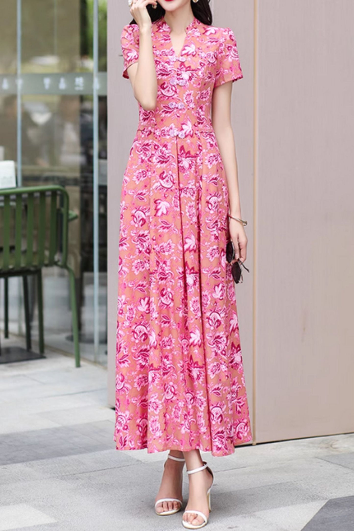 Pink flower printed maxi prom chiffon dress 5043