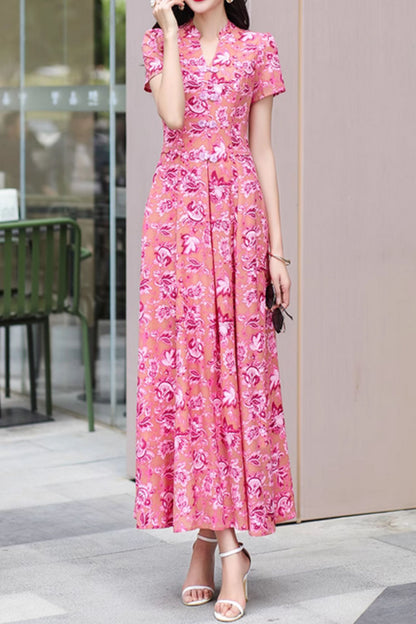 Pink Floral Chiffon Maxi Dress - V-Neck, Fitted Waist 5043