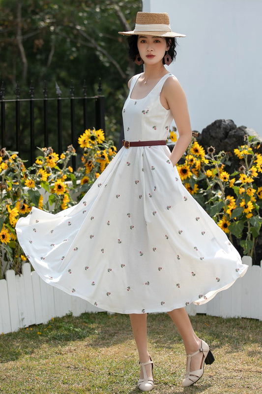 Flowy Linen Midi Dress: Square Neck Sleeveless A-Line Summer Dress 6685