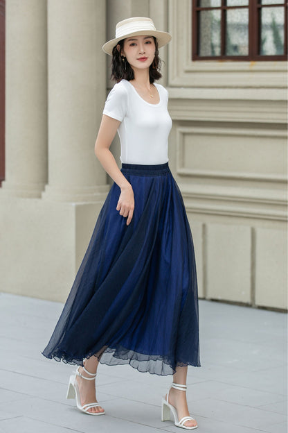 Blue Chiffon Midi Skirt - A-Line Swing with Elastic Waistband 5109