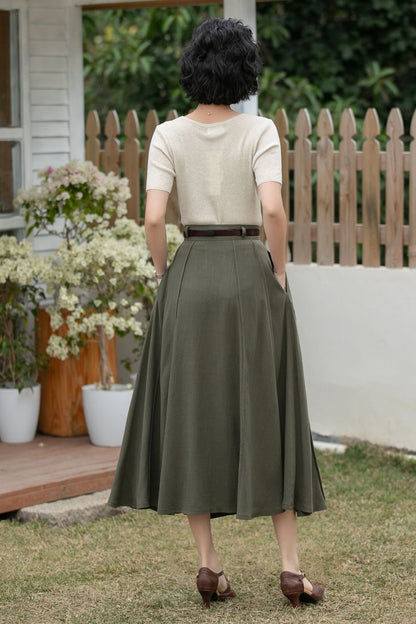 Xiaolizi Army Green Linen Midi Skirt – Vintage High Waist A-Line 6695