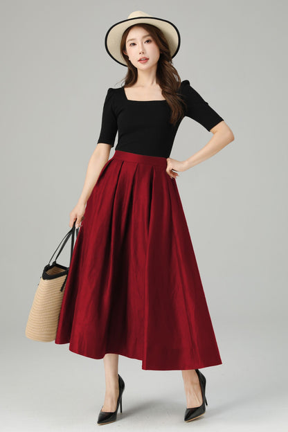 Red Linen Midi Skirt: Retro High Waisted A-Line Pleated Skirt 6714
