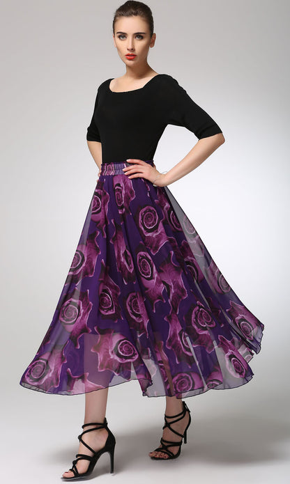 Vintage-Inspired Purple Print Chiffon Skirt with Elastic Waist 1297