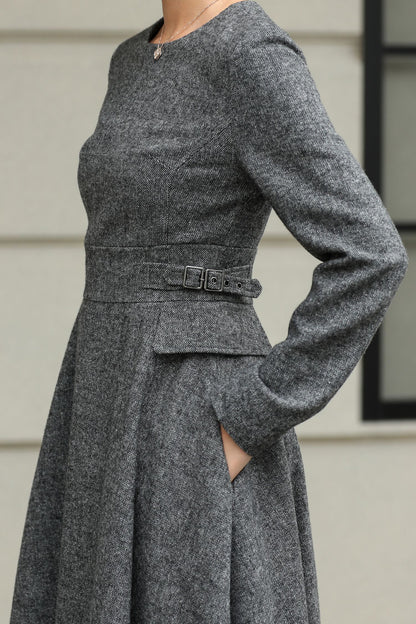 Classic Gray Fit And Flare Wool Dress 6530