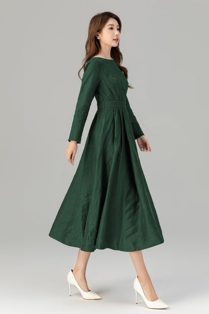 Emerald Green Linen Midi Dress - Fit Flare Pockets | Xiaolizi 5763