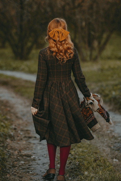 Plaid Wool Blend Midi Dress – Handmade Vintage Fit & Flare Long Sleeve Elegance 4731