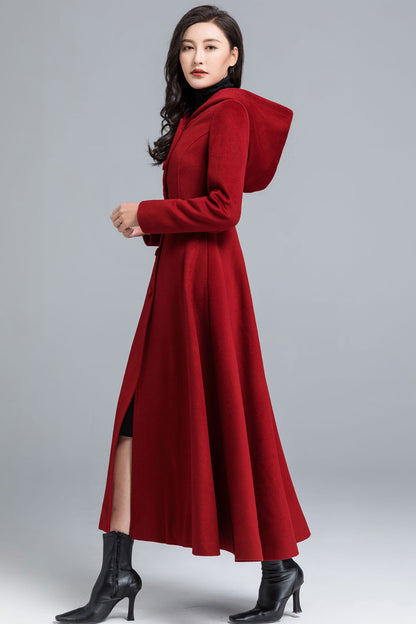 Red Wool Hooded Coat – Vintage Maxi Winter Overcoat for Women 2483