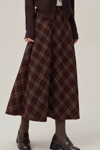 Burgundy Plaid  Wool Blend Midi Skirt -High Waist Retro Fall Winter Skirt 7024