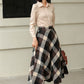 Brown Plaid Wool Midi Skirt – High Waist A-Line Winter Skirt with Pockets 6421