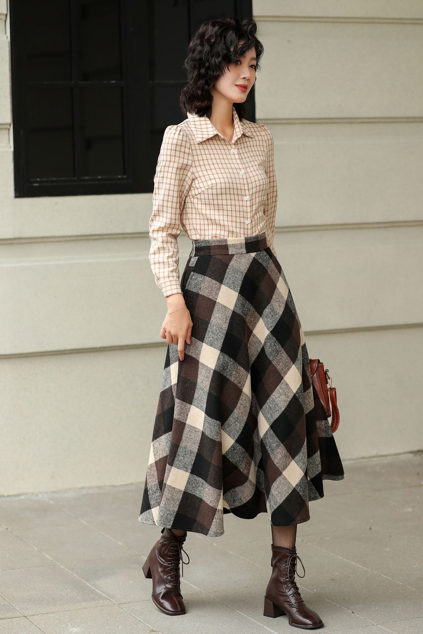 Brown Plaid Wool Midi Skirt – High Waist A-Line Winter Skirt with Pockets 6421