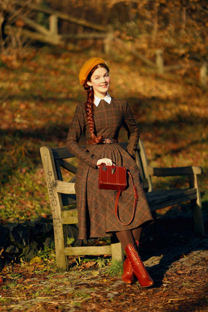 Brown Wool Blend Long Sleeve Plaid Dress – Handmade Retro Winter Style | Xiaolizi 4814