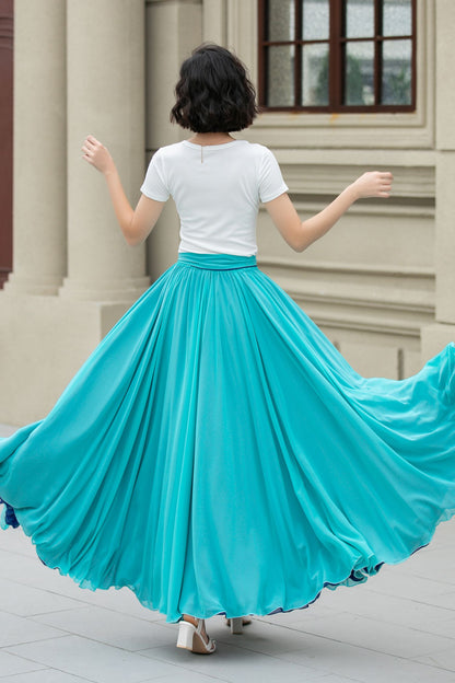 Blue Chiffon Maxi Circle Skirt - Elastic Waist Big Swing | Xiaolizi 5170