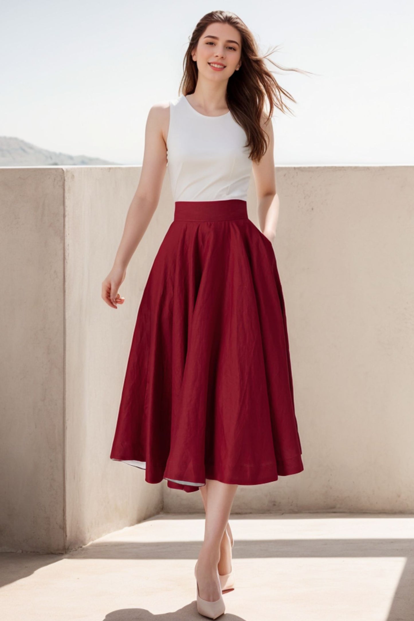 Midi circle linen summer skirt for women 5070