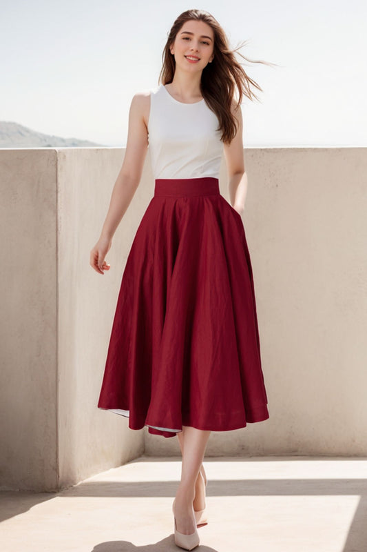Deep Red Linen Skirt – Flared High Waist Midi Skirt for Spring Summer 5070