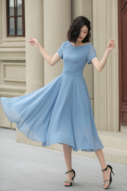 Blue Chiffon Midi Dress – Handmade Vintage Fit and Flare Swing Dress for Summer Weddings 5115