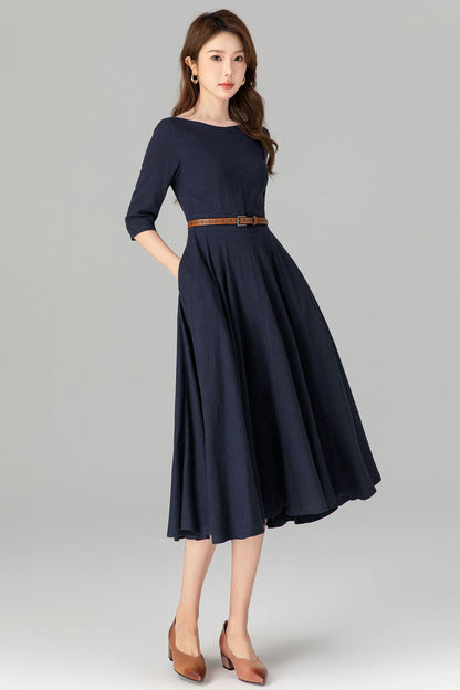 Navy Linen Midi Dress with Boat Neck – Vintage Fit & Flare French Style Dress
