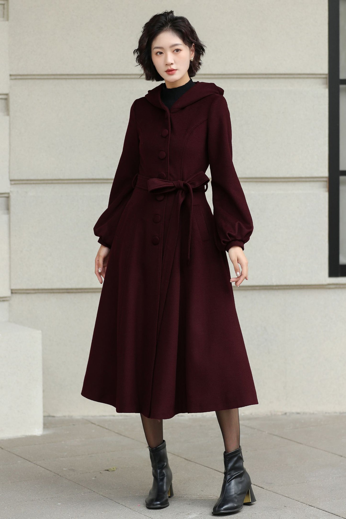 Handmade Wool Blend Coat – Lantern Sleeve Hooded Winter Coat 6532
