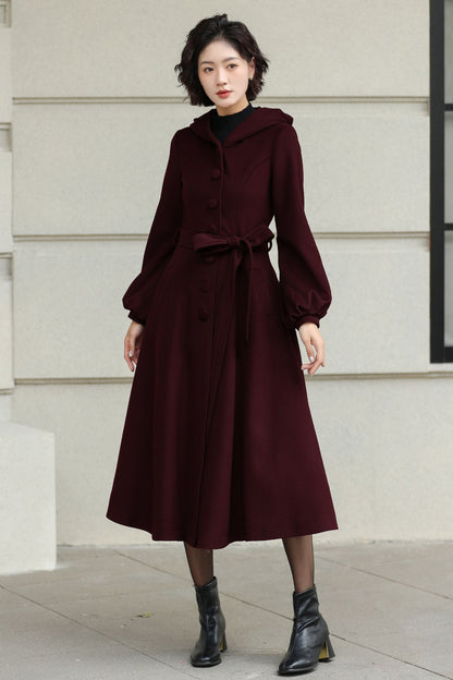 Handmade Wool Blend Coat – Lantern Sleeve Hooded Winter Coat 6532