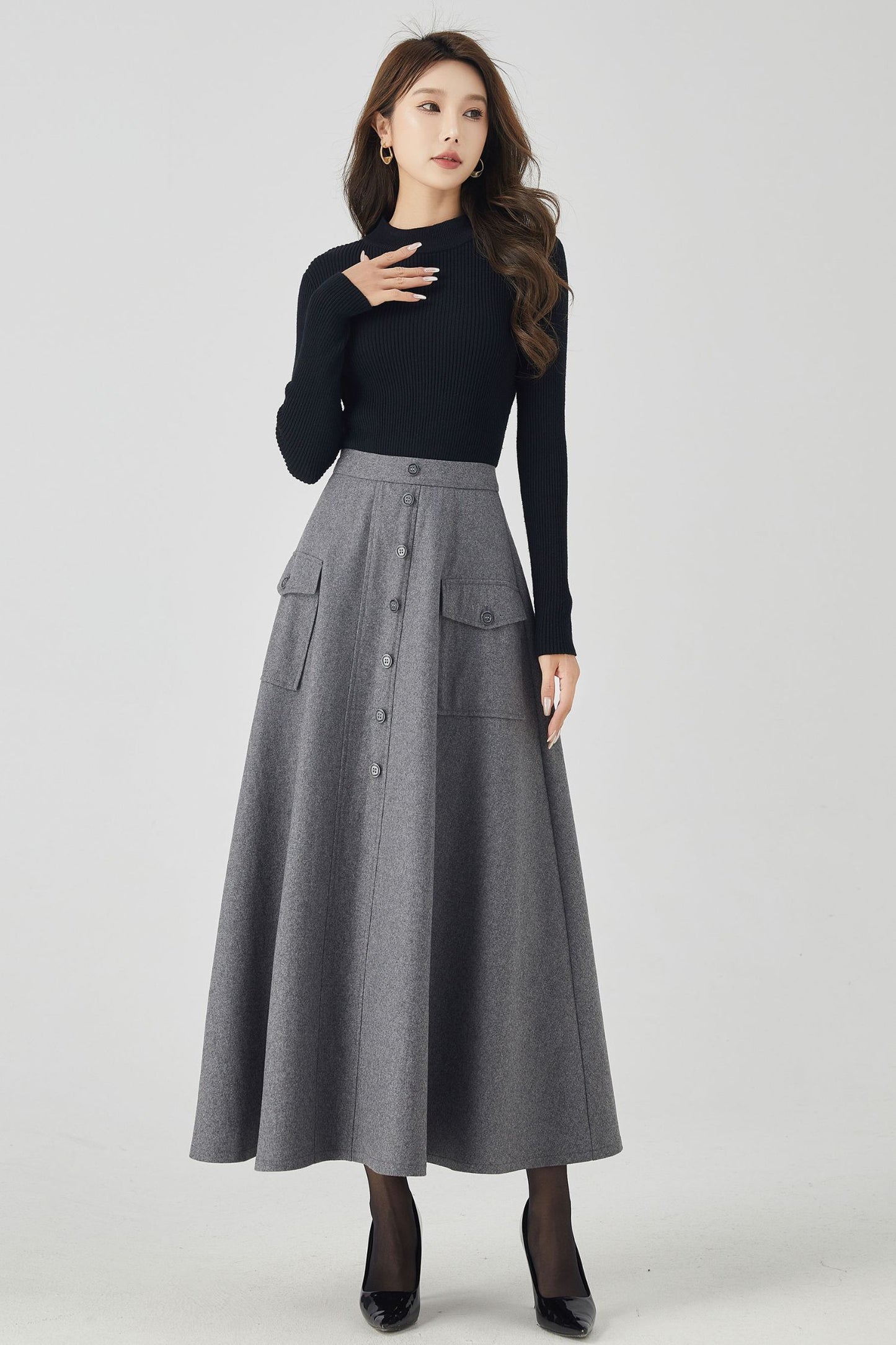 Gray a line long wool winter skirt 4529