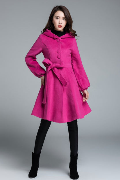 Hooded swing wool coat with tie belt waist 1647