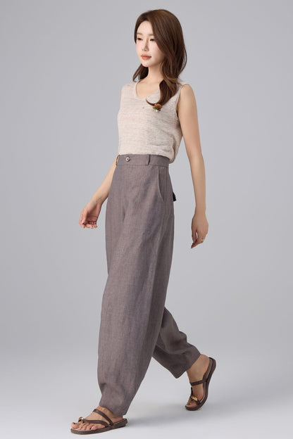 Charcoal Linen Pants - High Waist Lantern | Xiaolizi 6758