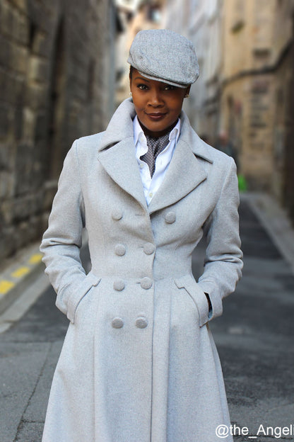 Vintage Gray Wool Coat – Elegant Double-Breasted Fit and Flare Winter Overcoat 2406
