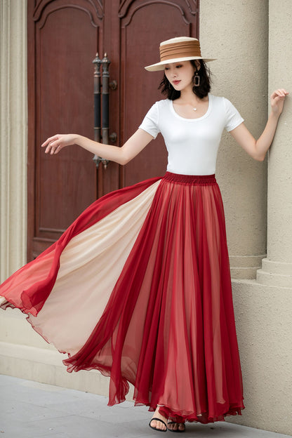 Rust Red Chiffon Maxi Skirt - Swing Elastic Waist | Xiaolizi 5151