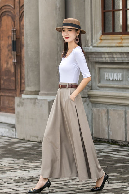 Khaki Cotton Linen Maxi Skirt – Vintage High Waist Long Skirt with Pockets 2783