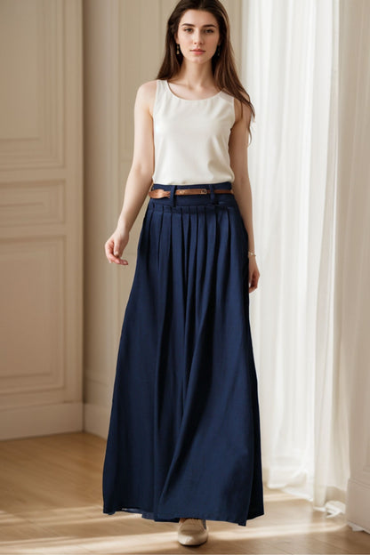 Handmade Cotton-Linen Pleated Maxi Skirt with Pockets – Navy | Xiaolizi 5132