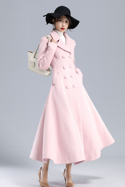 Romantic Pink Wool Blend Coat – Winter Double Breasted Overcoat 3240