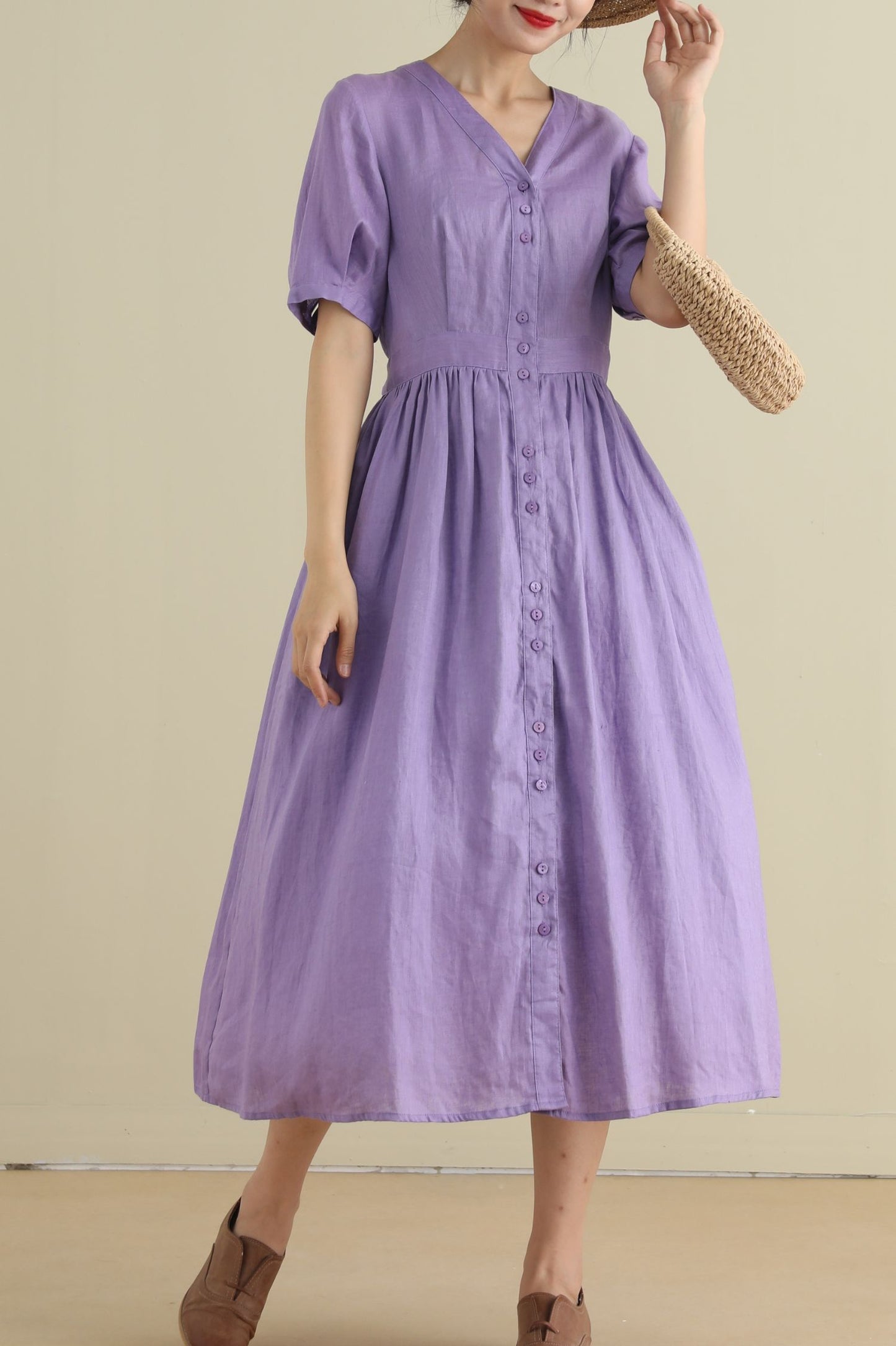 Button up purple midi linen dresses 2796