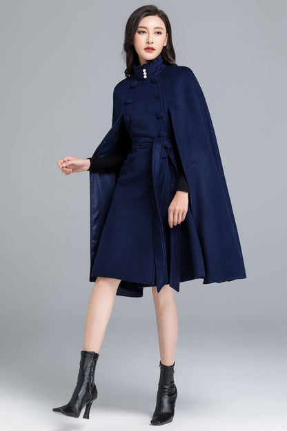 Blue Wool Cape Coat – Women’s Elegant Stand Collar Winter Cloak 2487
