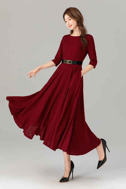 Burgundy Linen Midi Dress – Handmade Romantic Fit & Flare Summer Dress with Pockets | Xiaolizi 4908