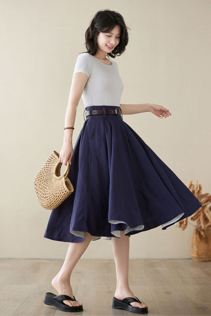 Navy Linen Pleated A-Line Skirt - High Waist Knee Length | Xiaolizi 4972