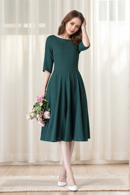 Handmade Dark Green Linen Cotton Midi Dress – Fit & Flare with Pockets 6630