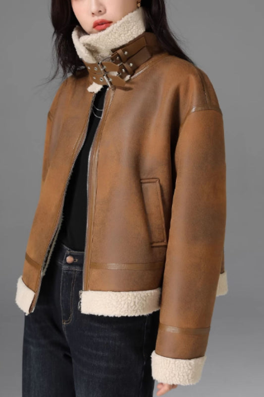 Women Brown Shearling Suede Leather Jacket 5473