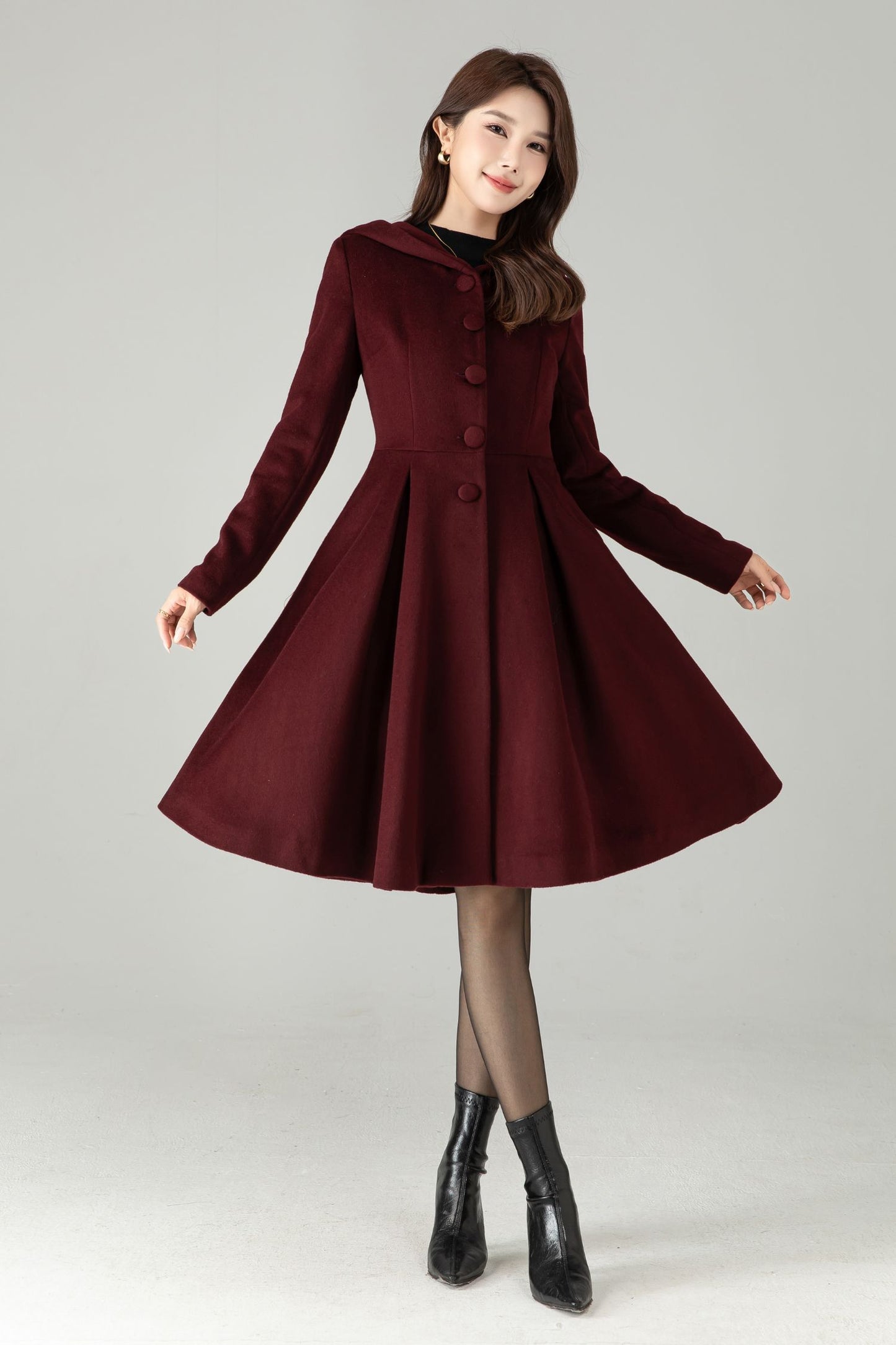 Hooded Burgundy Wool Coat – Vintage Fit & Flare Short Winter Coat | Xiaolizi 6572