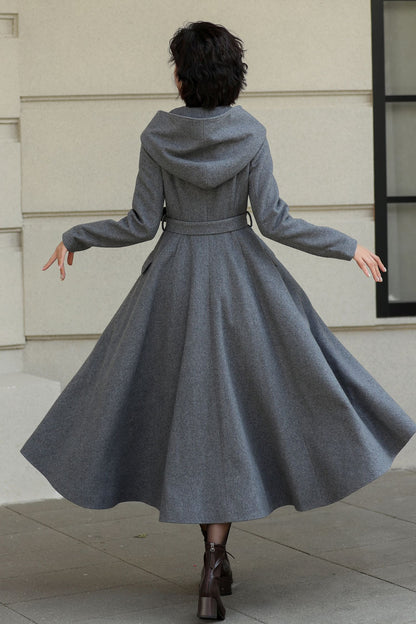 Gray Wool Long Coat - Hooded, Tie Belt, Fitted Waist 6535