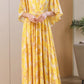 Yellow floral printed chiffon dresses with butterfly sleeves 4995