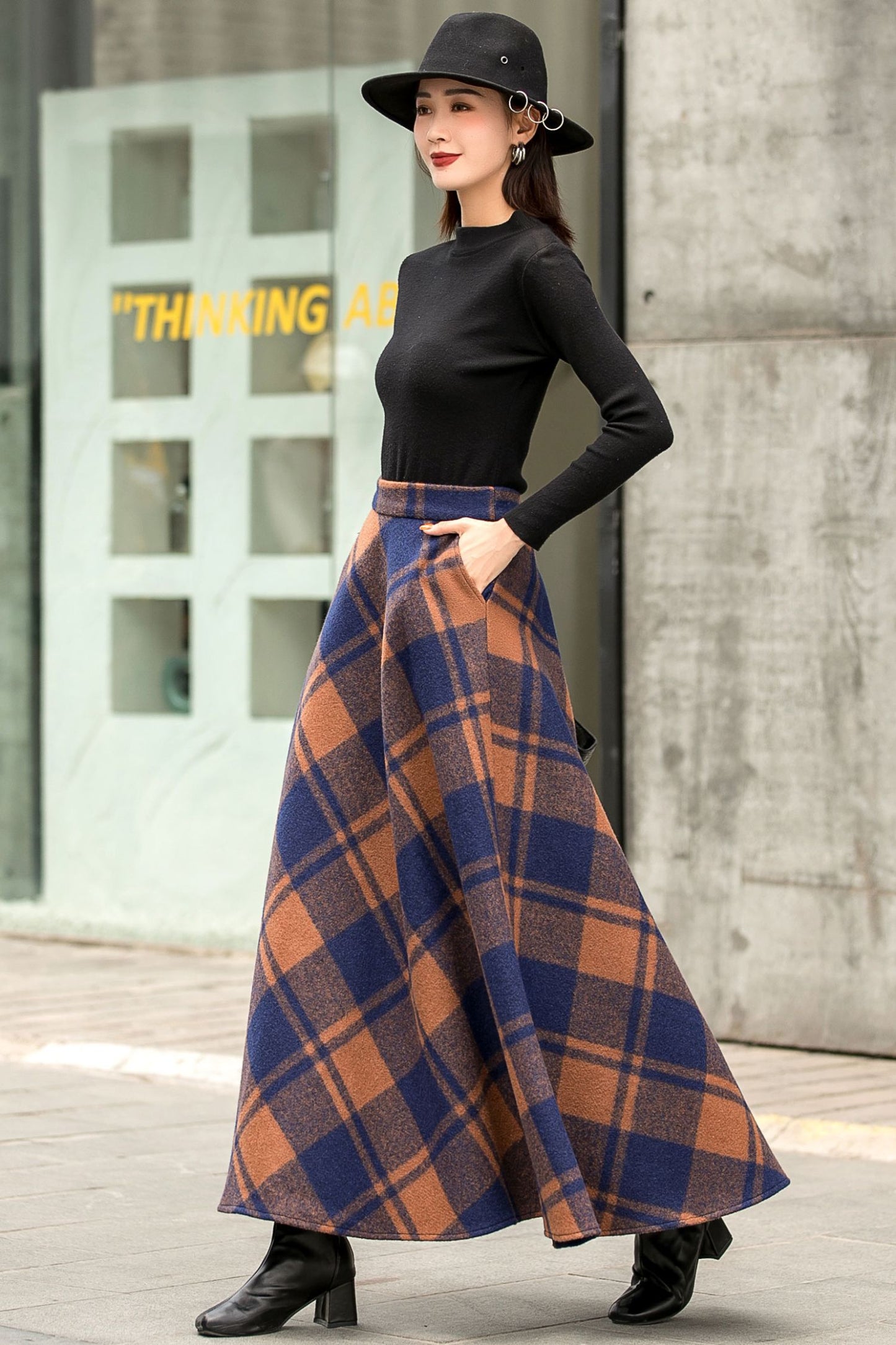 Women Winter long Plaid Wool skirt 2835