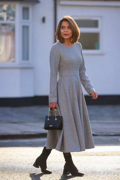 Handmade Gray Wool Midi Dress – Long Sleeve Fit and Flare Winter Dress | Xiaolizi  4143