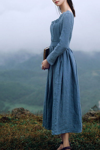A line long sleeves spring linen dress HY0036