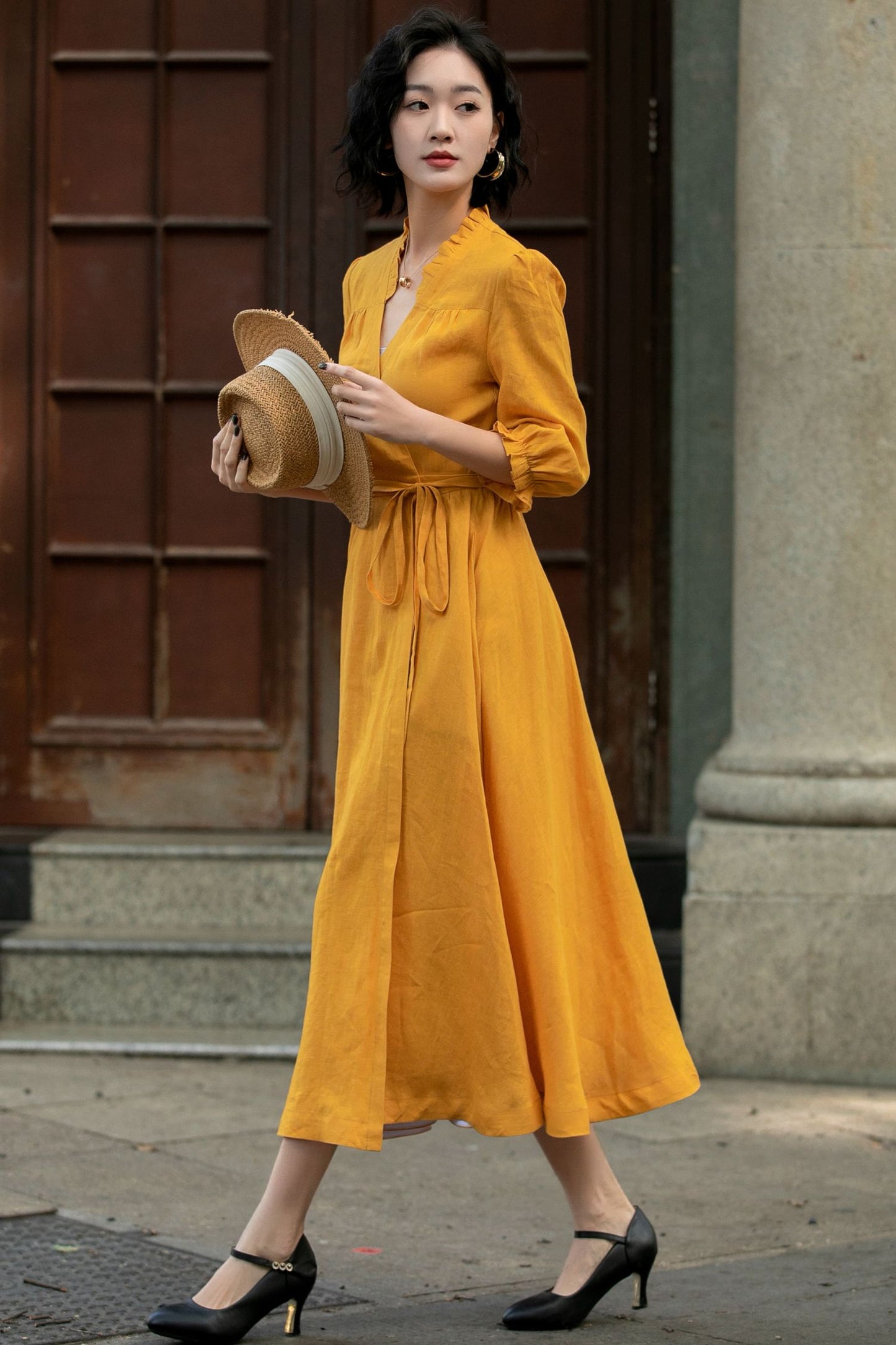 Yellow linen wrap dress with belted 5684