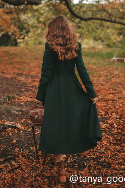 Army Green Wool Maxi Coat - Pleated Flare Double Breasted 3160