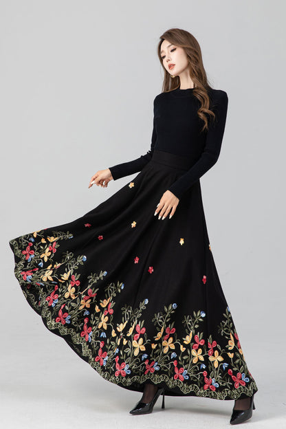 Black Maxi Embroidered Wool Skirt 5270